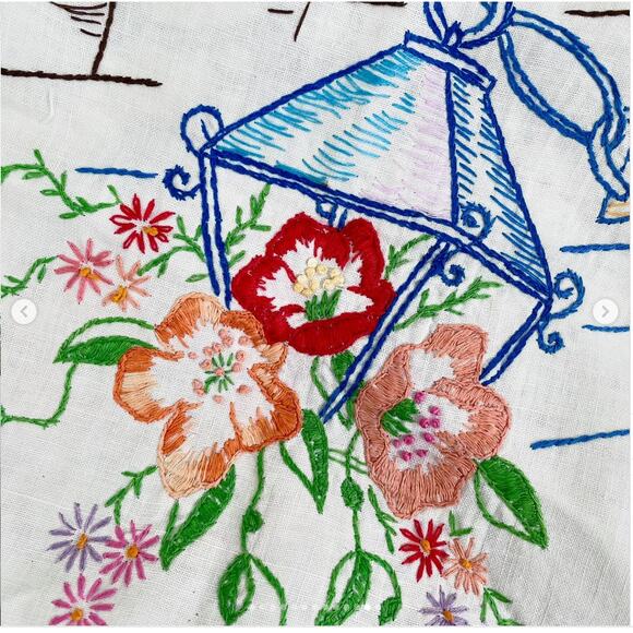 Vintage Embroidered Dresser Scarf Table Runner Lacy Embroidery FLOWER BASKET - Picture 2 of 5